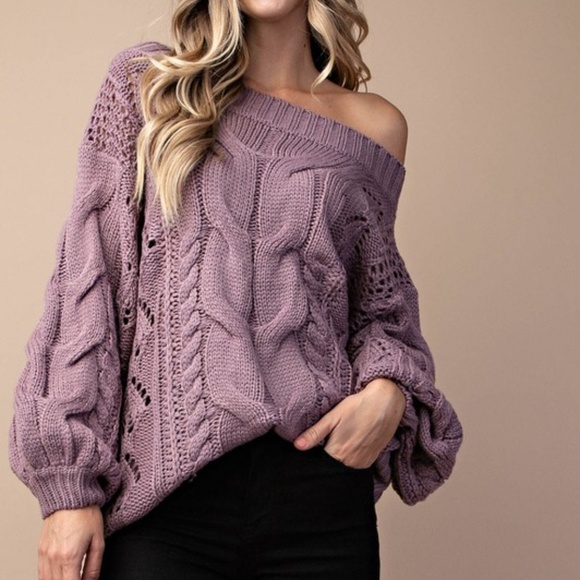 Cozy off shoulder cable knit puff sleeve Sweater - Picture 7 of 10